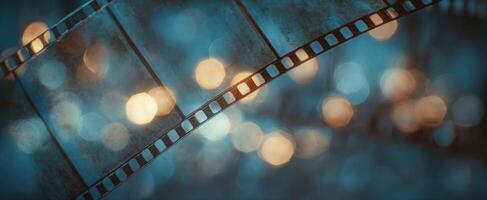 The film reel beautifully illuminated by glowing bokeh lights in a dreamy background photo
