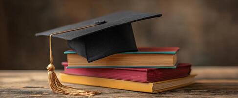 The graduation cap rests atop a stack of colorful books. photo