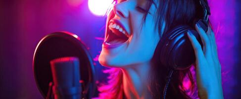 The singer passionately expressing her artistry in a vibrant music studio. photo