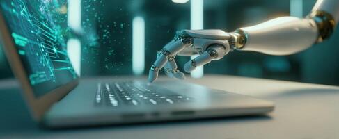 The robotic hand interacts with a laptop in a futuristic digital environment. photo