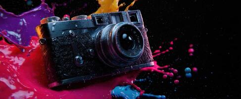 The Colorful Splash Surrounding a Vintage Camera in a Studio Setting. photo