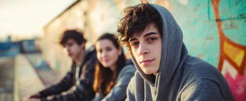 The teenagers enjoying a sunny day against a colorful graffiti backdrop. photo