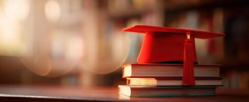 The Red Graduation Cap Placed on Top of Books in a Library Setting photo