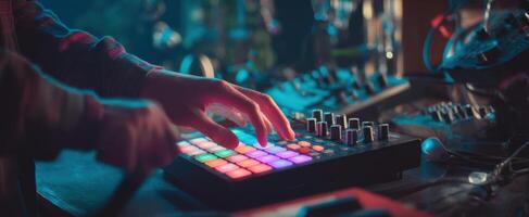 The DJ creating vibrant sounds with a colorful music production controller. photo