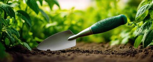 The gardening trowel resting in rich, dark soil among vibrant green plants. photo
