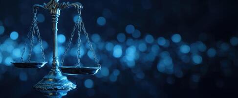 The symbolic scales of justice illuminated against a blue background. photo