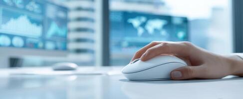 The hand using a computer mouse in a modern office workspace. photo
