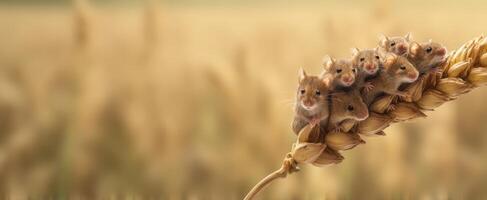 The adorable group of mice perched on a stalk of wheat. photo