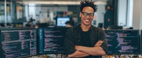 The smiling programmer in a modern office surrounded by multiple screens. photo
