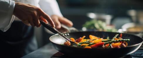 The vibrant chef skillfully stir-frying colorful vegetables in a professional kitchen. photo