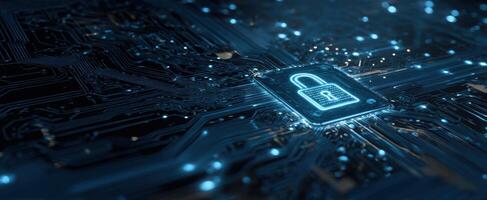 The Cybersecurity Lock Emerges from a Futuristic Digital Circuitry Background photo