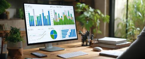 The modern workspace featuring a monitor displaying vibrant analytical data. photo