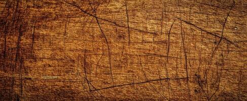 The textured wooden surface with scratches and intricate patterns. photo