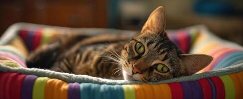 The playful tabby cat lounging comfortably in a colorful pet bed. photo