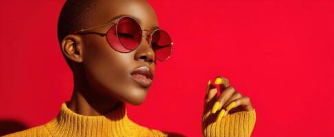 The fashionable woman exuding confidence and style with vibrant sunglasses. photo