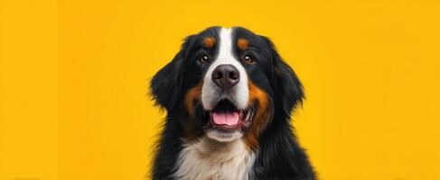 The Bernese Mountain Dog Exuding Joy Against a Bright Yellow Background photo