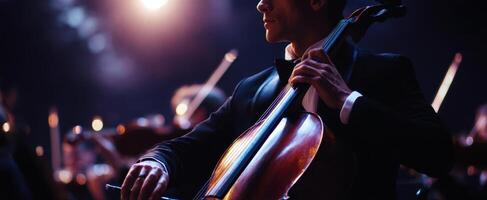 The Emotion of the Musician Playing Cello in a Stunning Orchestra Performance photo
