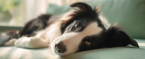 The Relaxing Border Collie Lazing Comfortably on a Couch in Soft Light photo