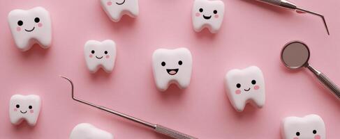 The cheerful teeth surrounded by dental tools on a pink background. photo