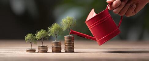 The red watering can nurtures growth on stacks of coins. photo
