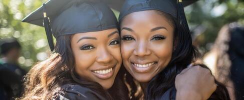 The joyous moment of two friends celebrating their graduation together. photo