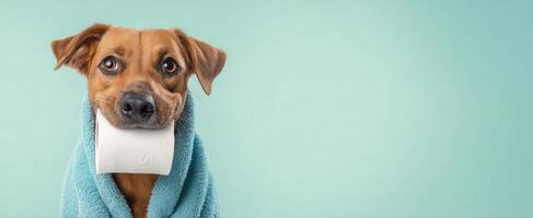 The adorable dog wrapped in a towel with toilet paper in its mouth. photo