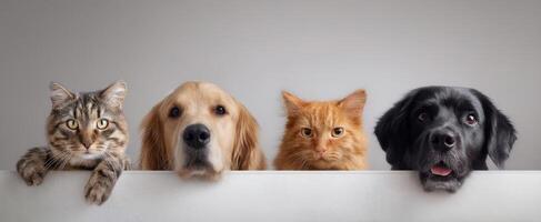 The adorable lineup of cats and dogs peeking over a white surface. photo