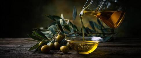 The pouring of olive oil into a decorative glass bowl surrounded by fresh olives. photo