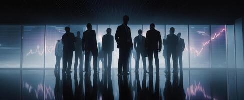 The silhouettes of business professionals observing financial growth projections together photo