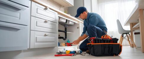 The plumber inspecting pipes and tools under a modern kitchen sink. photo