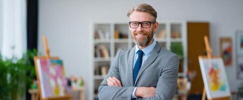 The confident man in a stylish suit smiling in an art studio. photo
