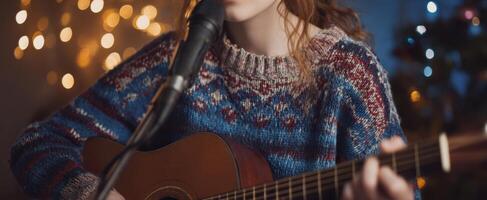 The intimate moment of a girl singing with a guitar in soft lighting. photo