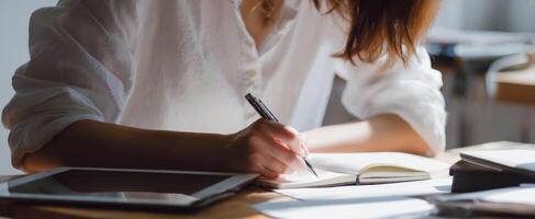 The woman writing in her notebook at a bright desk with a tablet. photo