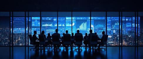 The business meeting showcasing data analytics against a stunning city skyline. photo