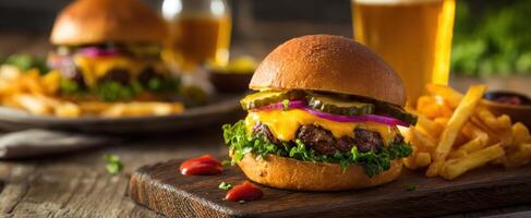 The mouthwatering cheeseburger served with crispy fries and refreshing beer. photo