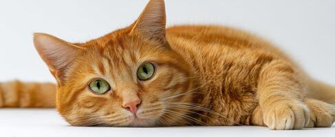 The adorable orange cat lounging with striking green eyes. photo