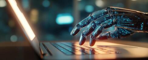 The robotic hand interacting with a laptop in a futuristic digital environment. photo