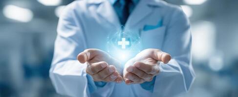 The Doctor Holding a Holographic Health Symbol in Modern Healthcare Environment photo