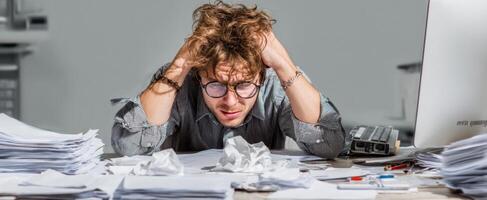 The overwhelmed man dealing with excessive paperwork at his cluttered desk. photo