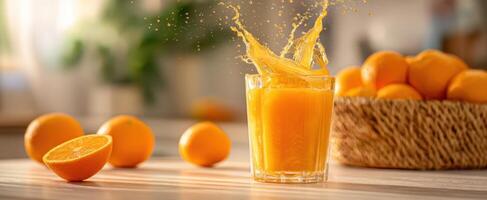 The refreshing splash of orange juice in a glass with fresh fruit. photo