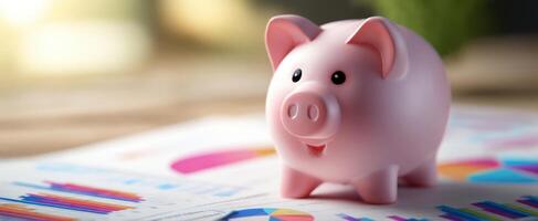 The cheerful piggy bank surrounded by financial charts and graphs. photo