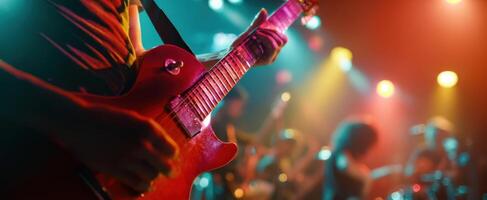 The guitarist illuminated by colorful lights during a vibrant live performance. photo