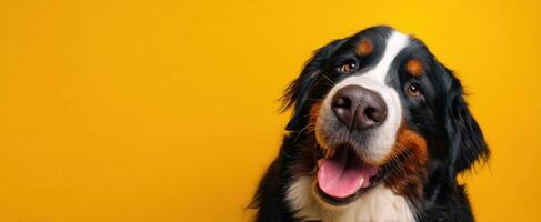 The Bernese Mountain Dog Smiling Against a Bright Yellow Background photo