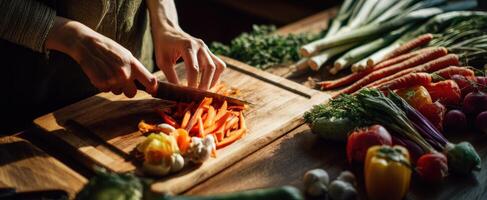 The vibrant preparation of fresh vegetables on a rustic kitchen countertop. photo