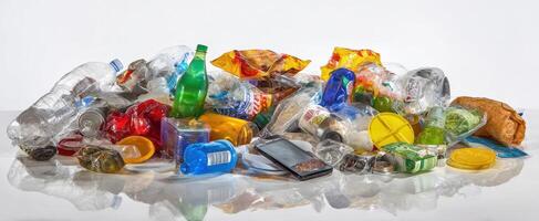 The cluttered heap of mixed plastic waste and recycling materials overflowing. photo