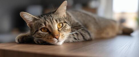 The relaxed cat lounging on a wooden surface in a cozy home environment. photo