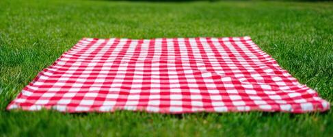 The vibrant red and white checkered picnic blanket on green grass. photo