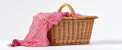 The wicker basket with checkered blanket perfect for a summer picnic outing. photo