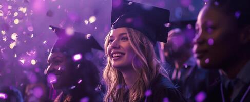 The joyful graduate celebrating a significant milestone surrounded by friends and confetti. photo