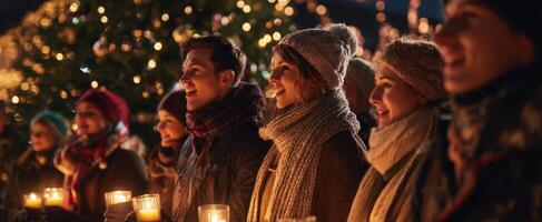 The festive gathering of friends celebrating with candles and lights. photo